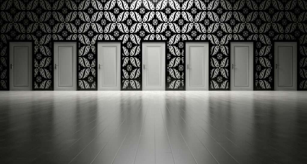 Five closed doors in a black and white ornate hallway symbolizing opportunities and decisions.