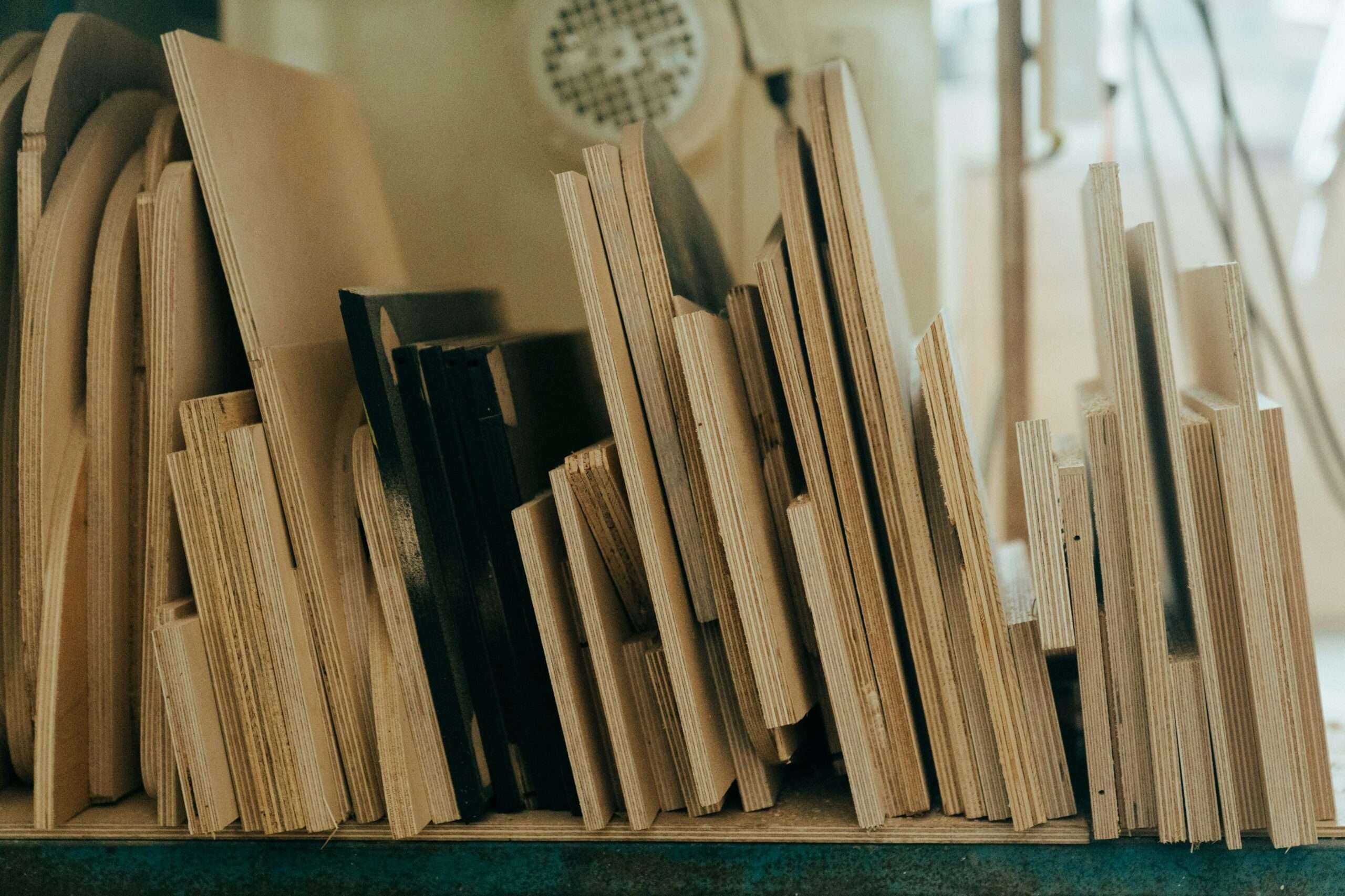 A collection of variously sized wooden planks neatly arranged in a workshop environment.