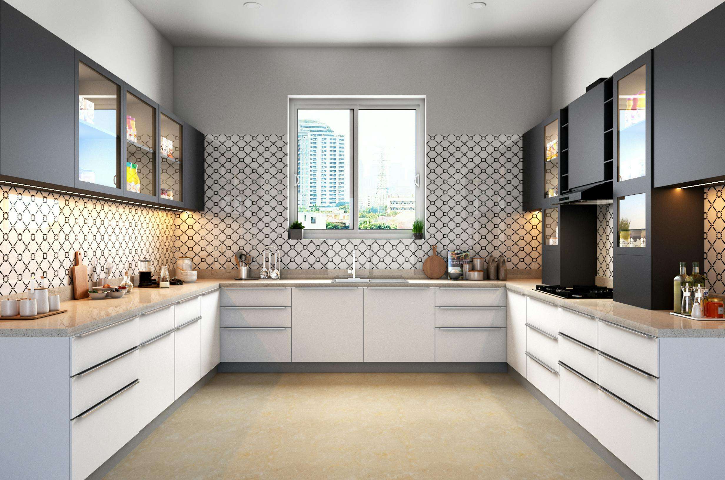 Sleek modular kitchen with contemporary cabinets and tile backsplash, showcasing urban style.
